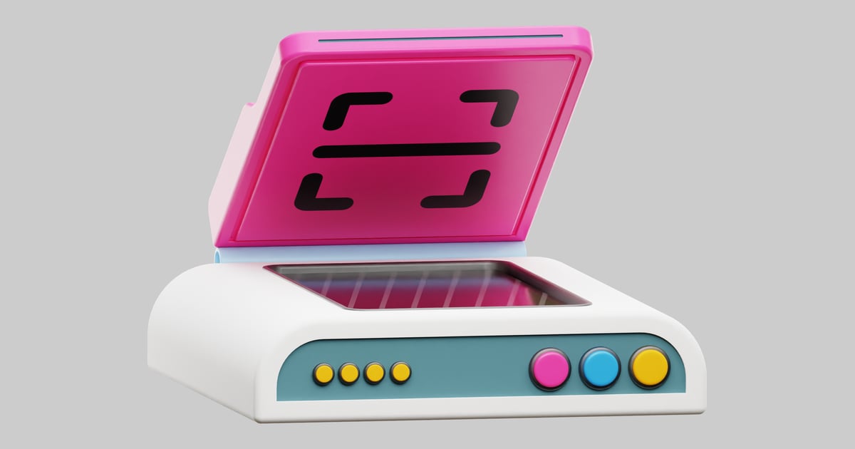 Scanner with pink screen and blue accents. 3D, Incl. button & document ...