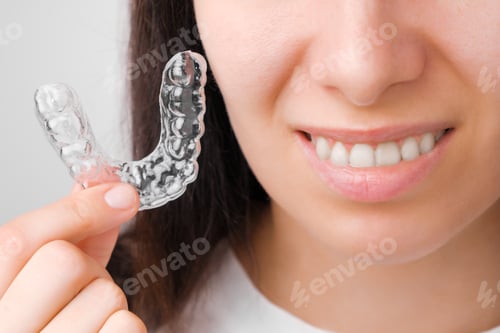 Preview: Close up woman holding a transparent removable braces for perfect smile. Orthodontic aligners for