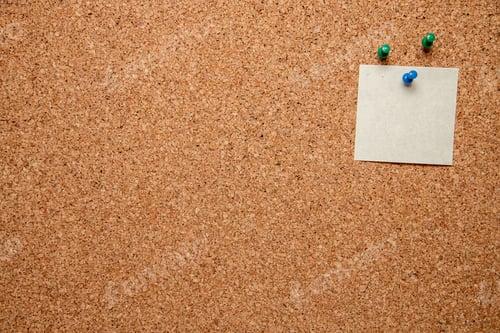 Preview: Closeup shot of three pins and an empty white paper with space for text on a corkboard