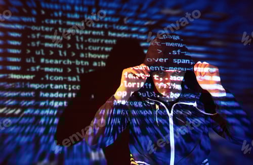 Preview: Cyber attack with unrecognizable hooded hacker using virtual reality, digital glitch effect