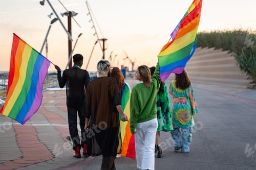 Preview: Group of friends walking street with rainbow flags, enjoying LGBT pride event
