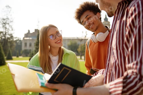 Preview: Group of cheerful students sharing good news discussing exam results