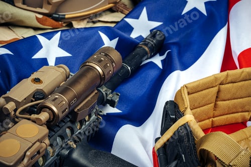 Preview: U.S. battle flag and assault rifle on the wooden table