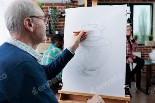 Preview: Elderly student drawing vase model on white canvas using sketching technique