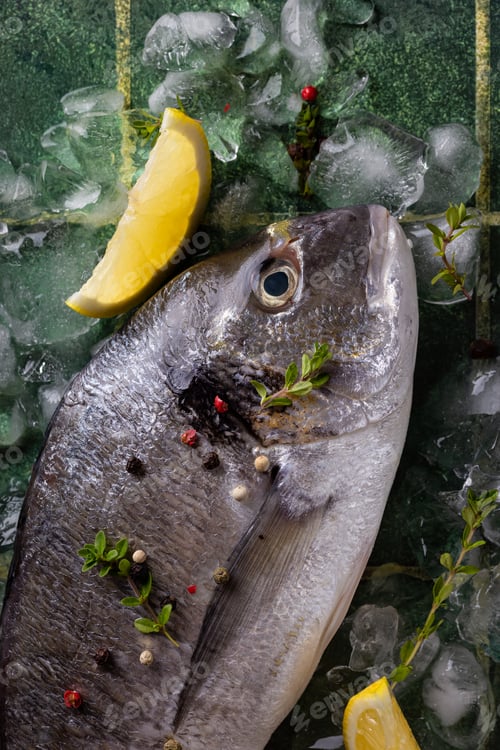Preview: Fresh fish dorado with lemon on ice