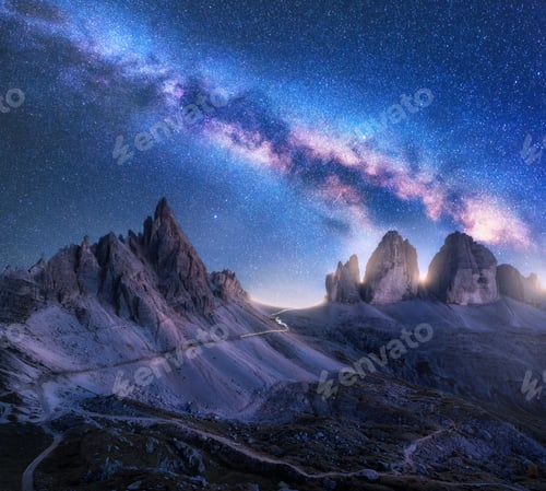 Preview: Bright Milky Way over mountains at starry night in summer