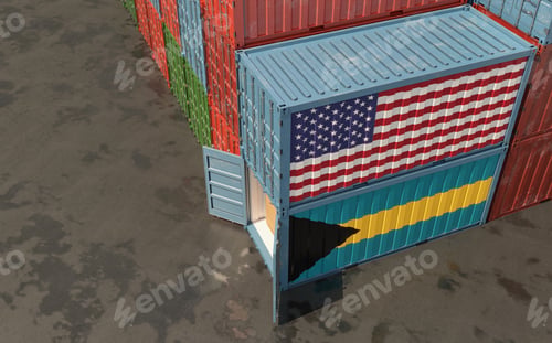 Preview: Cargo Containers with Bahamas and USA National Flags