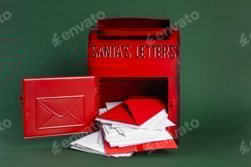 Preview: Santa Claus mail box with letters on dark green background. Christmas tradition