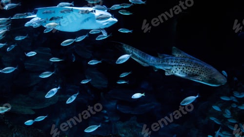 Preview: Underwater shot of stingray and shark swimming with school of fishes over coral reef
