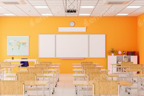 Preview: Bright Classroom with Empty Desks and Whiteboard