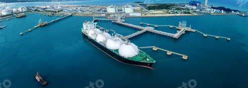 Preview: LNG (Liquified Natural Gas) tanker anchored in Gas terminal gas tanks for storage. Oil Crude Gas