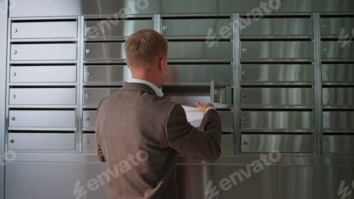 Preview: Successful man checking post in office building. Handsome guy looking letters