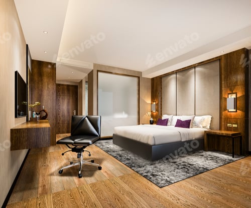 Preview: 3d rendering luxury bedroom suite in resort high rise hotel with working table
