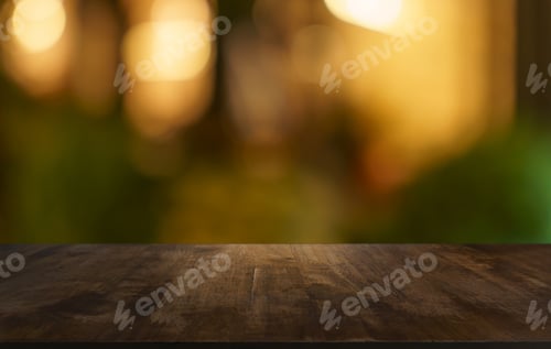 Preview: Empty wood table top and blur of restaurant background selective focus product display