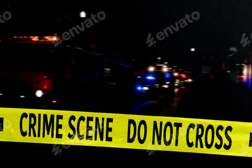 Preview: Crime Scene Do Not Cross yellow tape with police and firetruck flashing blue red lights at night