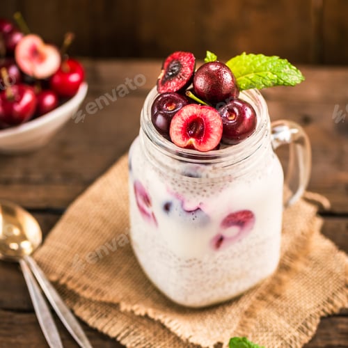 Preview: Healthy Dessert Pudding from Chia Seeds and Nut Milk with Cherri