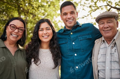 Preview: Nature portrait, mature parents and happy family men, women or people enjoy quality time with in so