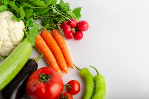 Preview: Isolated group of winter season vegetables over white flat lay view. Includes copy space.