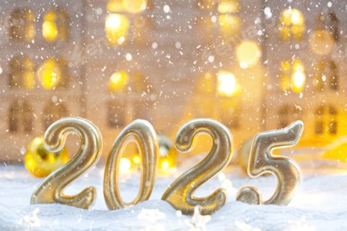 Preview: Golden figures number 2025 against the background of cozy windows of a house with warm light with fe