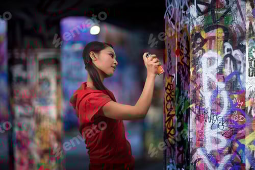 Visualização: Uma jovem mulher pulverizando graffiti
