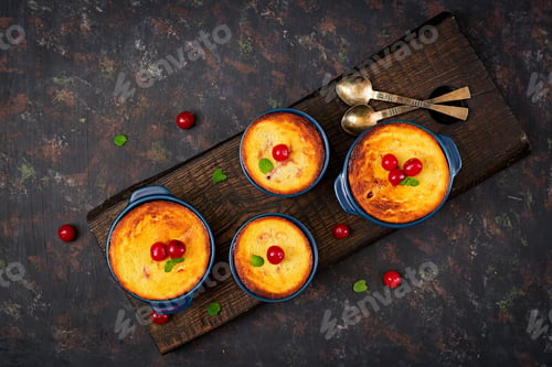 Preview: Cottage cheese casserole with cherries. Flat lay. Top view.