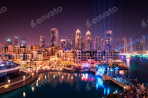 Preview: Famous downtown area in Dubai at night, Dubai, United Arab Emirates