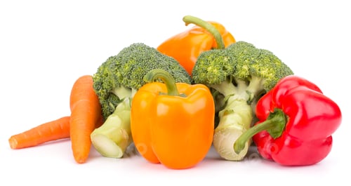 Preview: Fresh vegetables: brocolli, bell peppers, carrot, onion isolated on white background