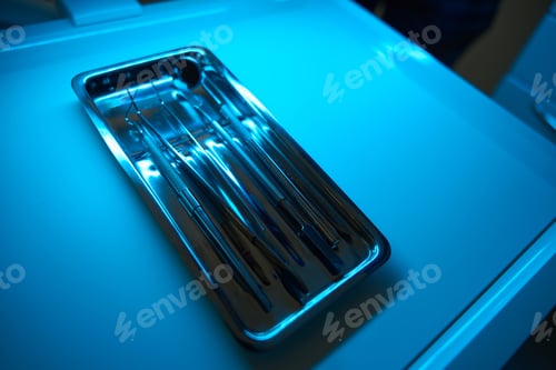 Preview: Dental instruments lie in a metal container for sterilization