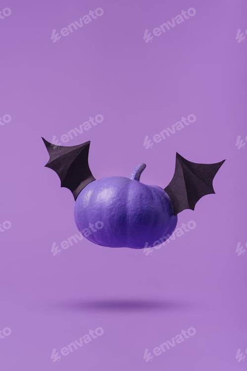 Preview: Happy Halloween, Flying ghost Funny purple pumpkin bat, purple background