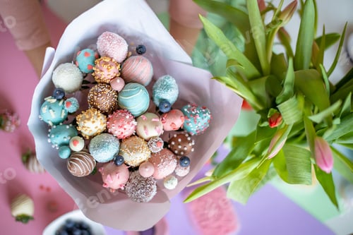 Preview: A bouquet of chocolate covered strawberries in young woman hands