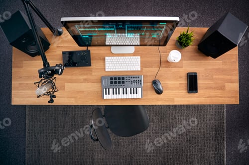 Preview: Overhead View Of Music Workstation With Keyboard And Microphone In Studio
