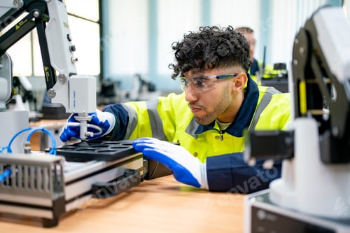 Preview: Engineer Man working at industrial robot in factory industrial. robotic and manufacturing operation.