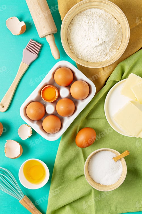 Preview: Rustic baking ingredients flat lay. Homemade pastry, baking. Top view flat lay background. Copy