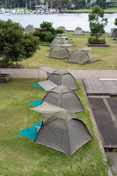 Preview: Camping site at Cockatoo Island on Sydney Harbor harbour, tents already set up when you arrive.