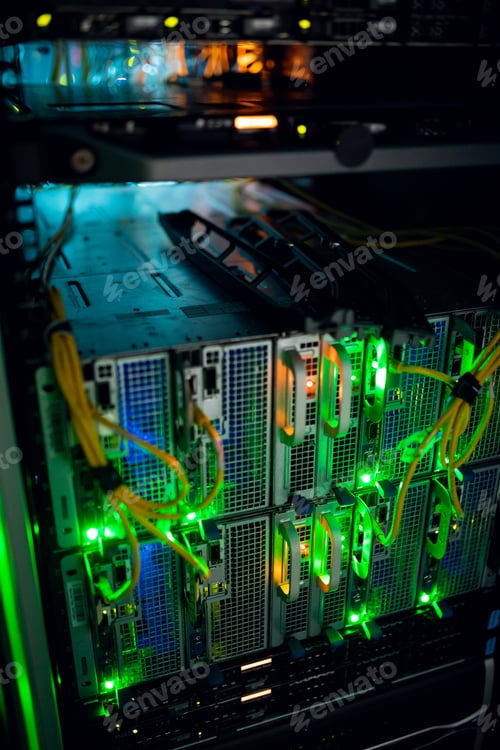 Preview: Closeup of computer server with colorful lights and wires