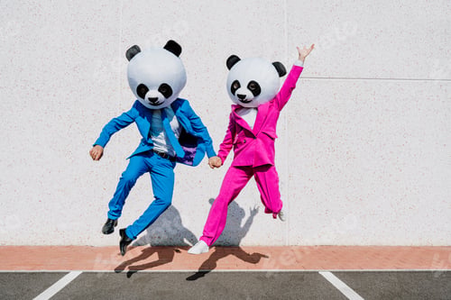 Preview: Storytelling image of a couple wearing giant panda head