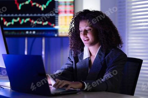 Preview: Business professional analyzes market trends in a modern office