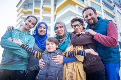 Preview: Real Muslim family on city street portrait