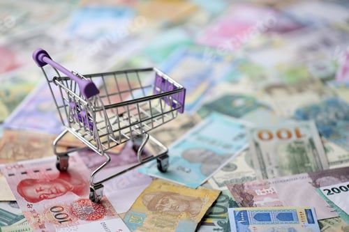 Preview: Supermarket trolley on many banknotes of different currency. Background of shopping worldwide