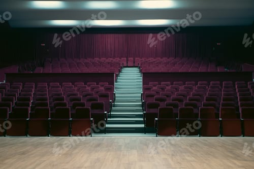 Preview: Empty red chairs and stage for audience in the theater