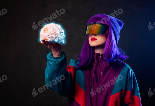 Preview: Stylish girl in cyber punk glasses and 80s tracksuit hold human brain with 3D connections