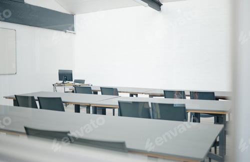 Preview: Empty Computer Lab Classroom with Tables and Chairs