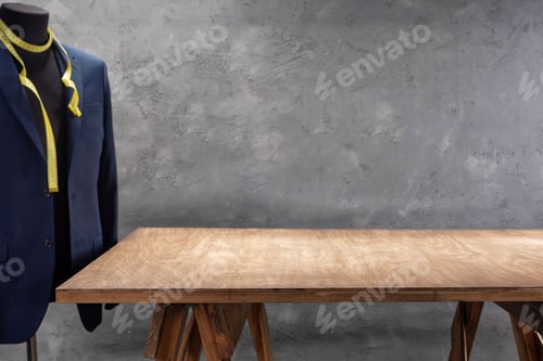 Preview: wooden table and suit jacket on male tailor mannequin