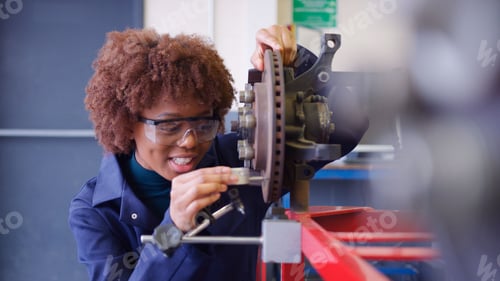 Preview: Female Student Working On Car Brakes On Auto Mechanic Apprenticeship Course At College