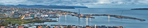 Preview: Torshavn harbor panoramic view summer night. Faroe islands capital town.