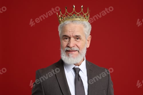 Preview: Senior man wearing luxury crown on red background