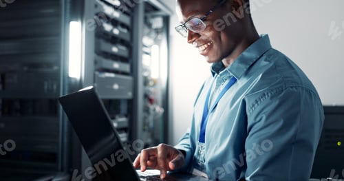 Preview: Laptop, server room and black man on database network for maintenance, programming software or typi
