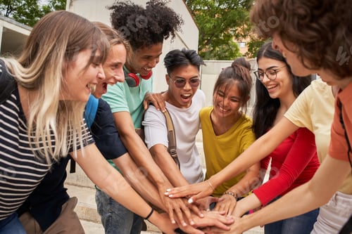Preview: Group of teenage friends high-fiving each other, happy and motivated, having a good