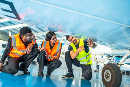 Preview: Aircraft maintenance technicians inspecting airplane fuselage in hangar