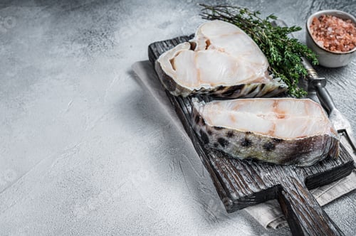 Preview: Raw wolffish fillet fish Steak on wooden cutting board. White background. Top view. Copy space